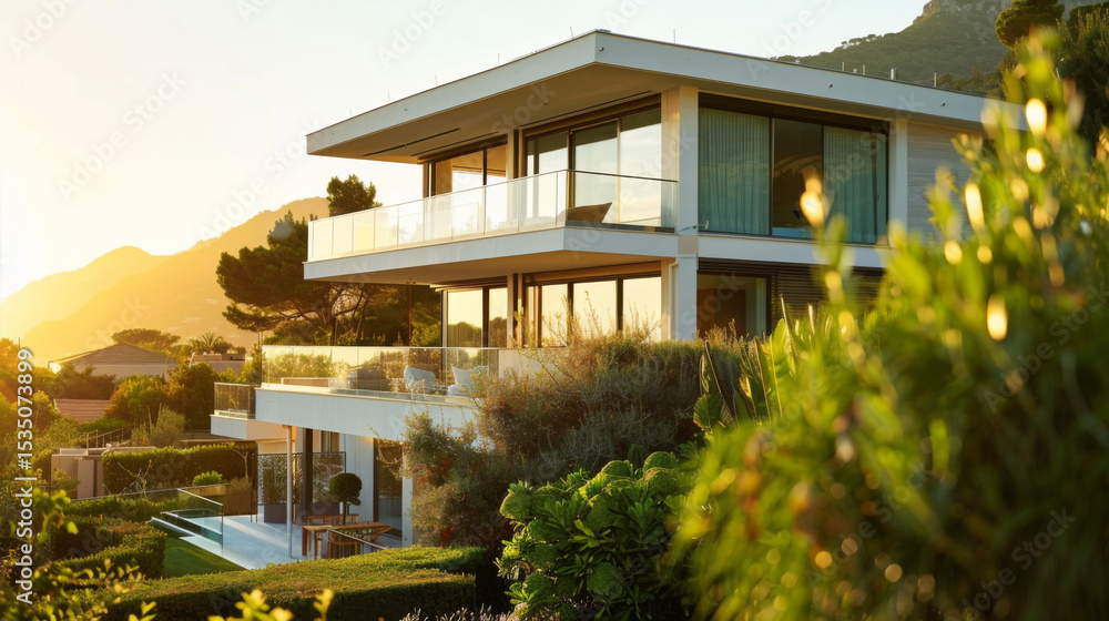 custom made wallpaper toronto digitalModern suburban home exterior with clean architectural lines, soft golden hour lighting