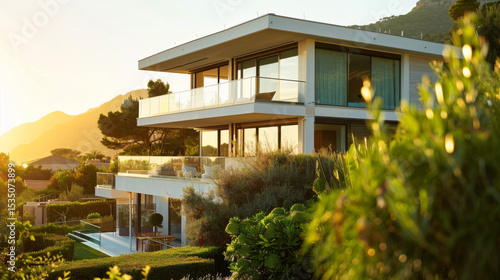 Wallpaper Mural Modern suburban home exterior with clean architectural lines, soft golden hour lighting Torontodigital.ca