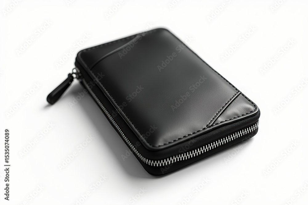 A detailed shot of an elegant, black leather wallet with a silver zipper and a minimalist design A detailed shot of an elegant, black leather wallet with a silver zipper and a minimalist design
