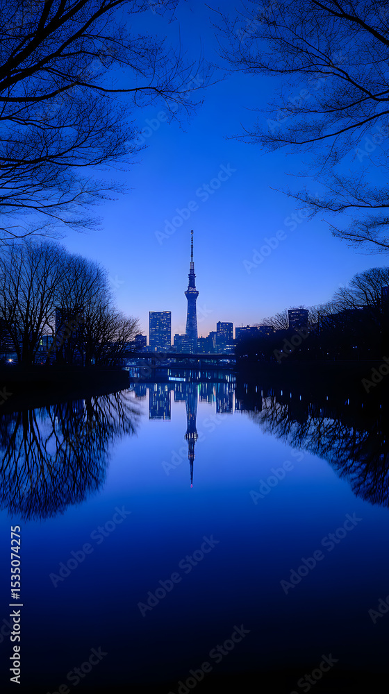 Fototapeta premium Twilight Reflection of a Tower and Cityscape in a Calm Lake