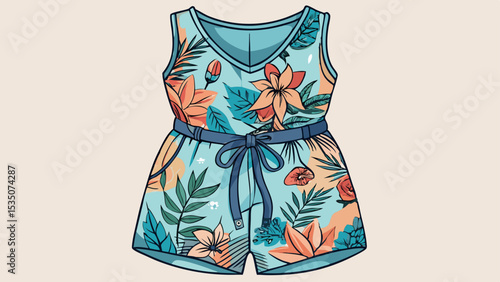 Casual short romper with floral print and drawstring waist, spread neatly for vector-style illustration. Feminine, comfy, and ideal for lazy weekends at home or sleepwear sets.


