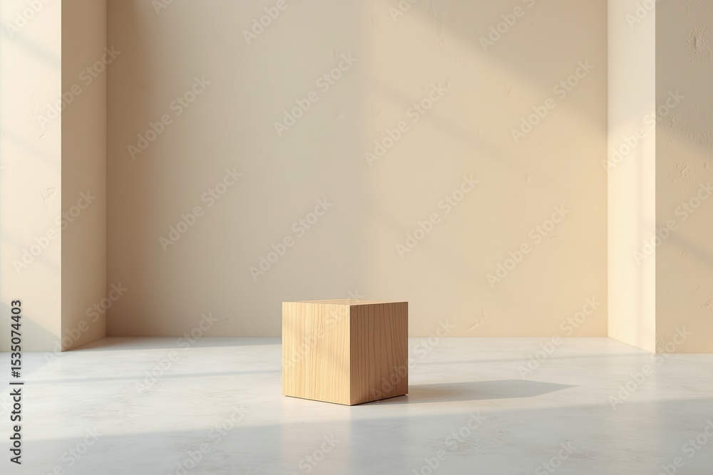 Min simple wooden cube, bathed in the soft glow of natural light, stands as a focal point in an empty Min simple wooden cube, bathed in the soft glow of natural light, stands as a focal point in an empty