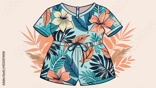 Casual short romper with floral print and drawstring waist, spread neatly for vector-style illustration. Feminine, comfy, and ideal for lazy weekends at home or sleepwear sets.

