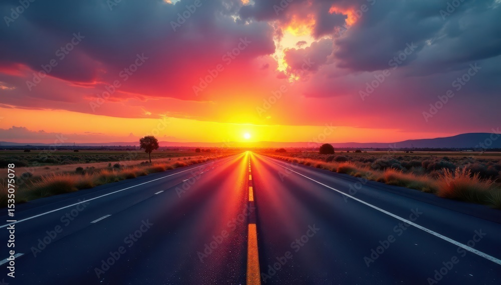 Naklejka premium Empty blacktop highway stretches towards vibrant sunrise , light, freedom