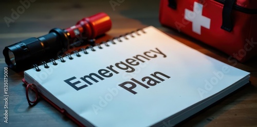 Emergency plan notebook, flashlight, first-aid kit on desk, equipment, workbook, readiness
