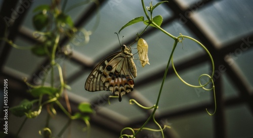 Resting Butterfly with Patterned Wings on Green Vine Near Pupal Case
