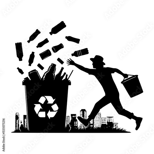 Person recycling plastic bottles and cans in city