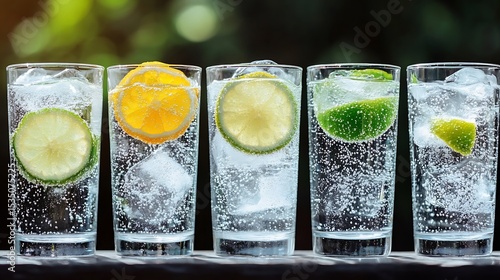 Refreshing summer drinks with citrus fruits, ice cubes, and sparkling water