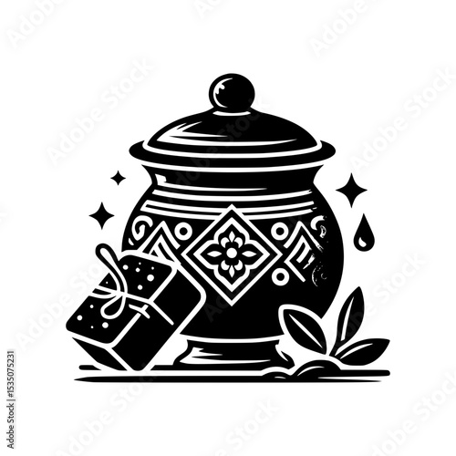 Ornate jar with gift and leaves illustration