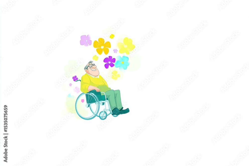 Elderly Man in Wheelchair Surrounded by Colorful Flowers Elderly Man in Wheelchair Surrounded by Colorful Flowers