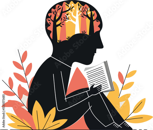  a single silhouette of a head with a person reading within a vibrant, stylized forest. The focus is on the individual's internal journey while engaged in reading. The surrounding autumnal foliage rei