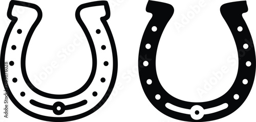 Minimalist Black and White Horseshoe Icon in Simple Line Art Vector with Detailed Accents
