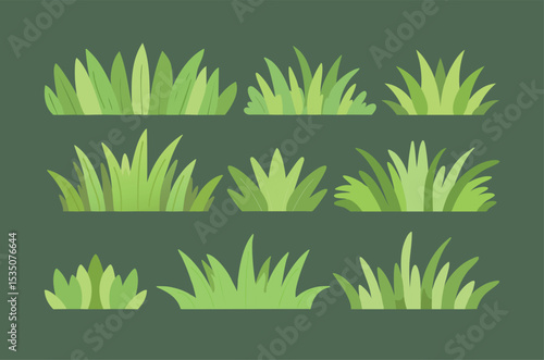 Cartoon Grass Patch Set – Green Bush Foliage Vector Game Assets