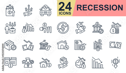 Recession Icons set vector illustration. Containing grocery, inflation, job loss, domino effect, economic crisis and more. Simple line icons collection.