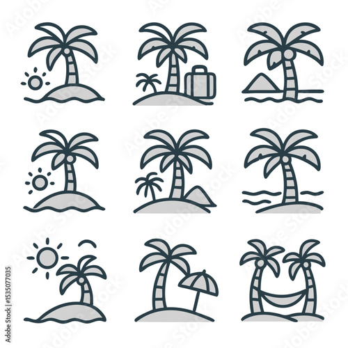 Palm tree icons depict a serene tropical island vacation showcasing nine simple designs.