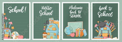 Back to school banners, cards, posters collection decorated with doodles and lettering quotes on green chalkboard background. Good for social media, invitations, templates. EPS 10