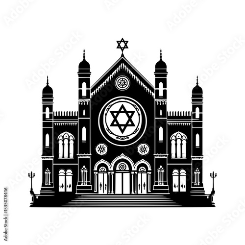 Black and white silhouette of a synagogue