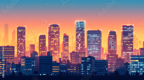Cityscape at Sunset with Illuminated Skyscrapers
