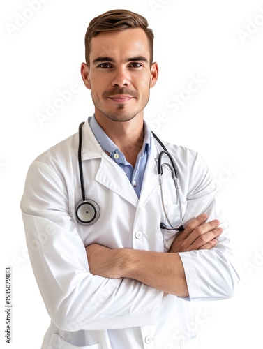 Portrait of successful doctor, standing with arms crossed, isolated on white background.