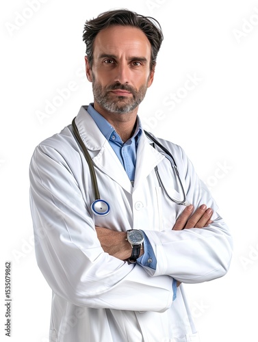 Portrait of successful doctor, standing with arms crossed, isolated on white background.