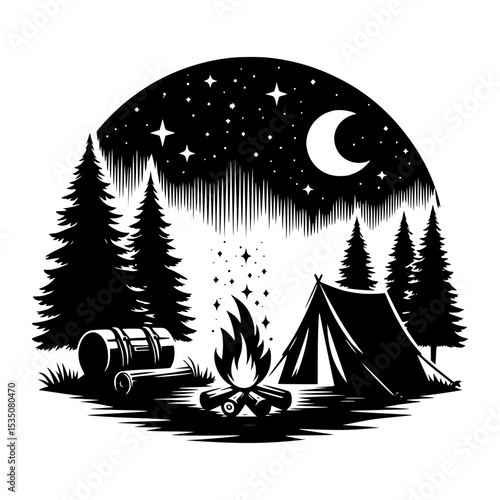Night camping scene with bonfire and tent