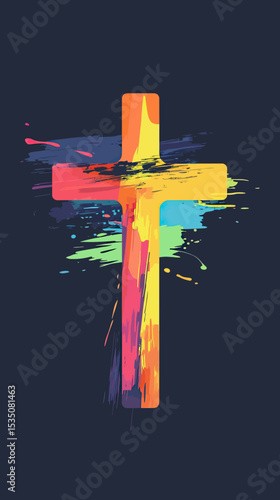 Colorful painted christian cross silhouette with abstract brush stroke splash on dark background for religious faith design concept illustration