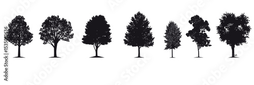Silhouettes of diverse tree species in flat minimalist style with detailed leaf and branch shapes black on white background vector illustration