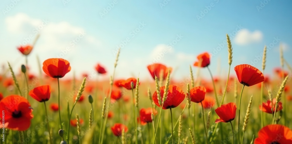 Fototapeta premium Intense red poppies dotting a waving field of barley, sunny day , petals, rural