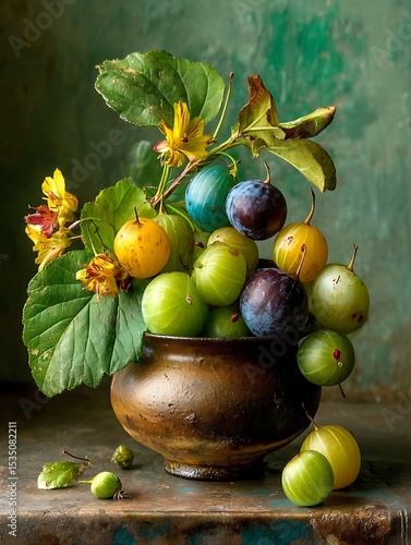 this still life captures a rustic pottery bowl filled with a colorful arrangement of fruit, accompanied by leaves and delicate yellow flowers