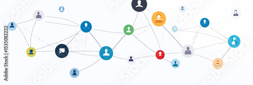 Abstract social network connection web with colorful user icons linked by dotted lines representing online communication and digital business networking concept in flat vector style