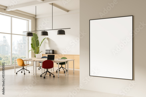 Wallpaper Mural Modern office interior with blank poster frame on wall near meeting table and colorful chairs in bright workspace with city view window. 3D Rendering Torontodigital.ca