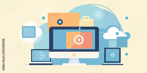 Cloud computing data security concept with desktop computer laptop file encryption and cloud storage network technology illustration in flat minimalist style