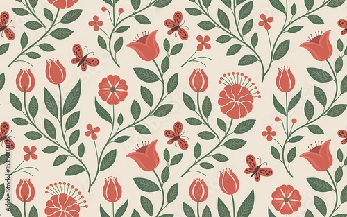 Hungarian Kalocsa Embroidery, Retro floral pattern with tulips, butterflies, and stylized flowers on a cream background