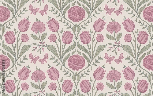 Wallpaper Mural Hungarian Kalocsa Embroidery, Delicate Floral Pattern with Tulips, Roses, and Butterflies Torontodigital.ca