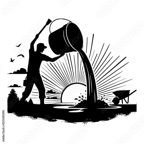 Silhouette of farmer pouring water at sunset