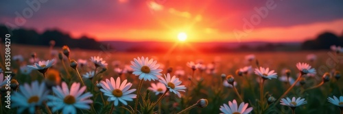 Crimson sun dips below horizon, illuminating white daisies , scenic, warm