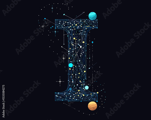 Letter I shaped constellation and starry universe with connecting lines planets and stars abstract space design in dark background vector illustration