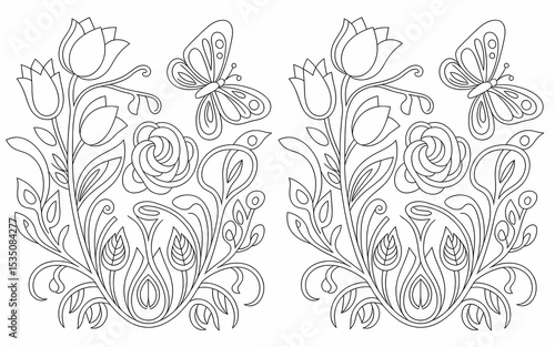 Hungarian Kalocsa Embroidery, Floral arrangement with tulips, roses, butterflies, and abstract leaves in black and white