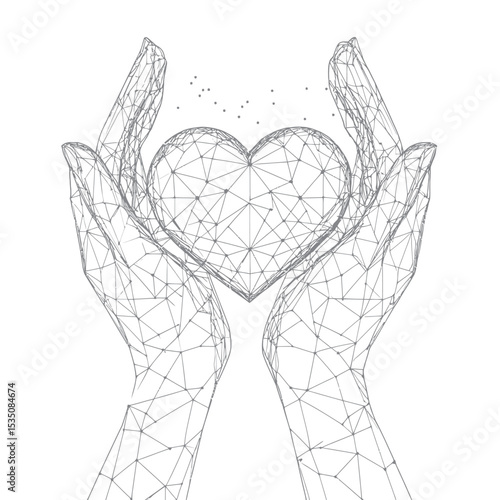 Abstract digital wireframe hands holding heart symbol composed of connected dots lines and triangles for charity care donation concept vector art