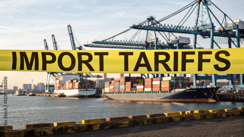 Obraz premium Import tariff policy concept. Port scene with import tariffs signage and shipping containers.