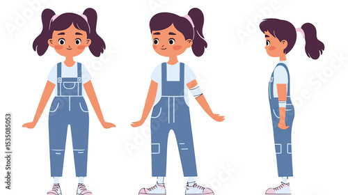 Vector illustration of little girl character with ponytails wearing blue denim overalls front, side and back view in casual stance