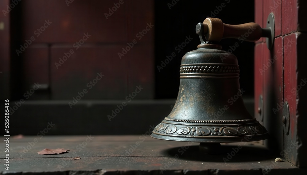 Obraz premium Dark, aged temple bell, wooden clapper inside, locked, closed, closeup