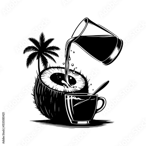 Coconut water pouring into glass tropical drink