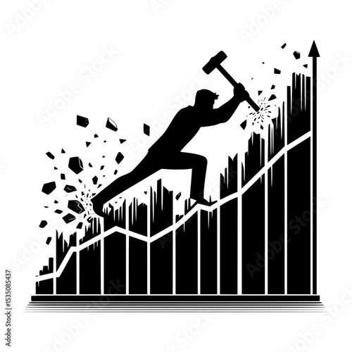 Businessman destroying growth chart with hammer