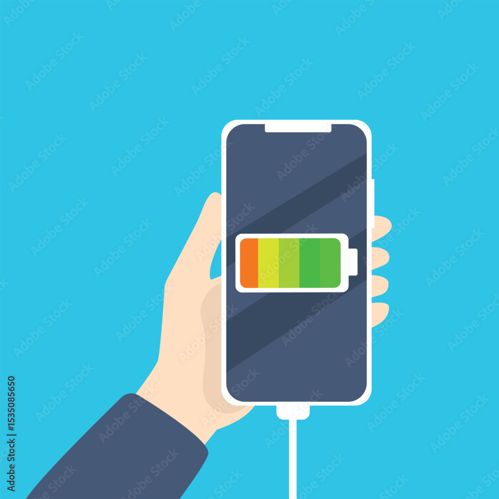Hand holding smartphone with full battery icon showing up on the device screen, full battery, with isolated background vector illustration. Hand holding smartphone with full battery icon showing up on the device screen, full battery, with isolated background vector illustration.