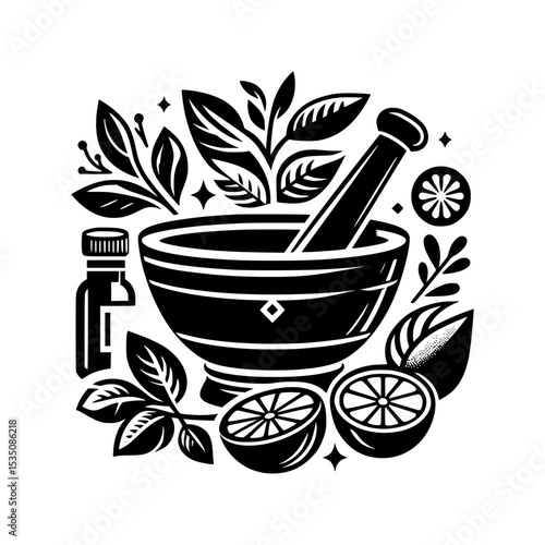 Black and white herbal medicine mortar and pestle illustration