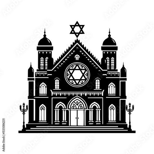 Black and white illustration of a synagogue