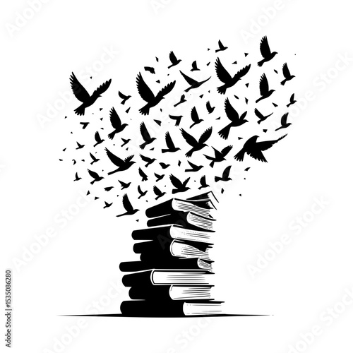 Stack of books with birds taking flight