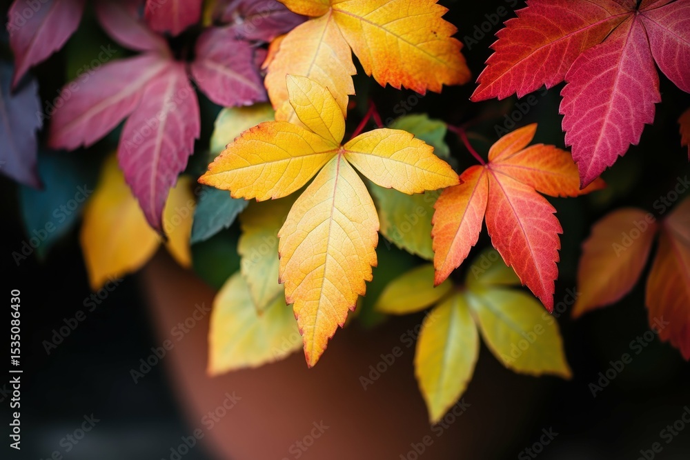 detailed visual of full frame of colorful leaves on pot detailed visual of full frame of colorful leaves on pot