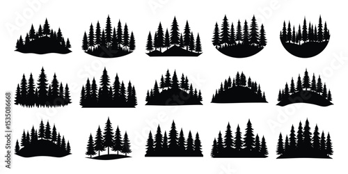 Pine tree forest skyline silhouette set on awhite background
